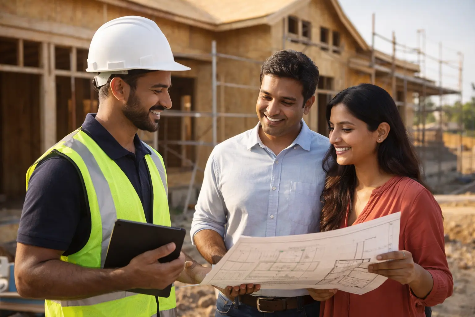 HireandBuild site engineer discussing plans with homeowners in Chennai