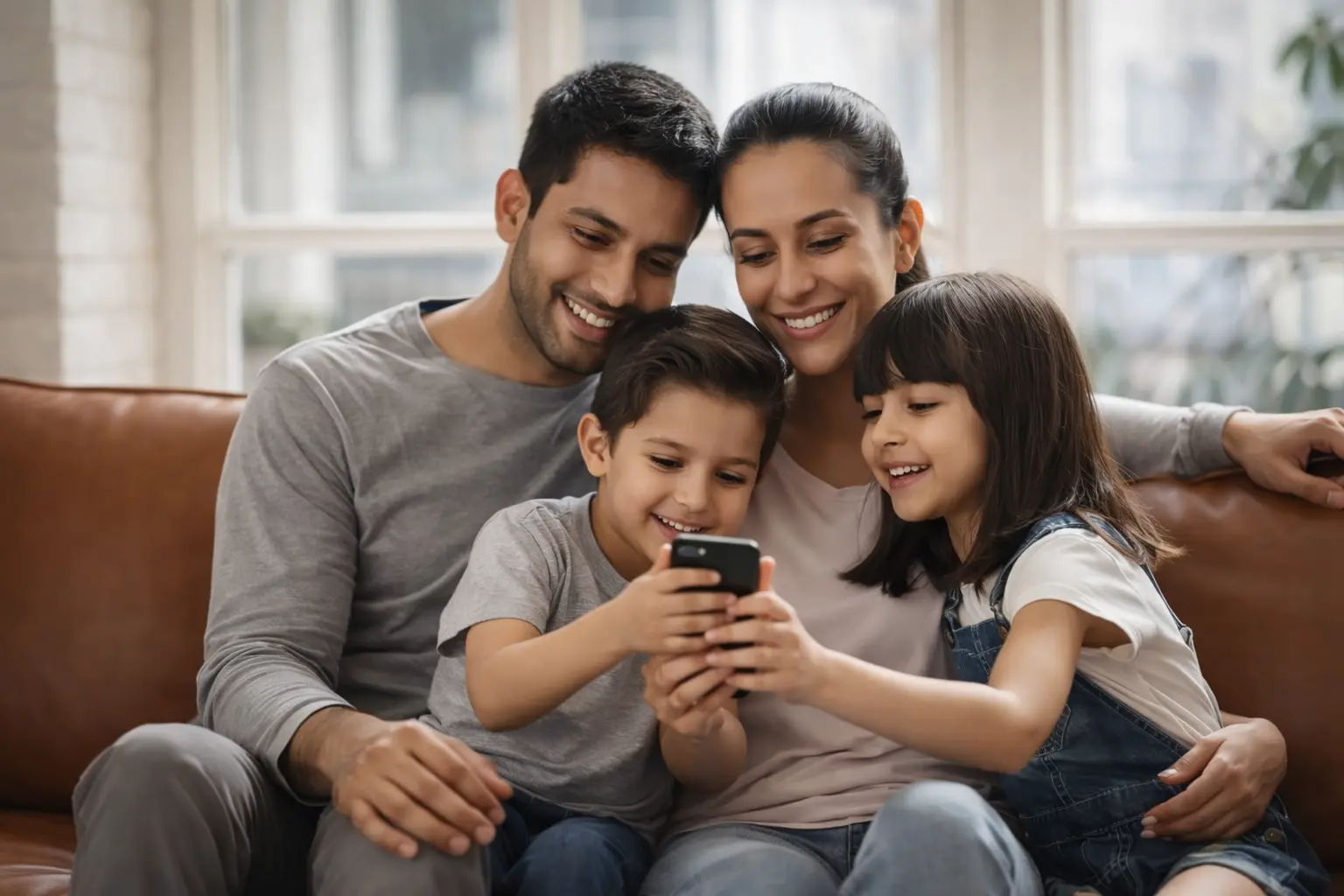 Happy family tracking home construction on app